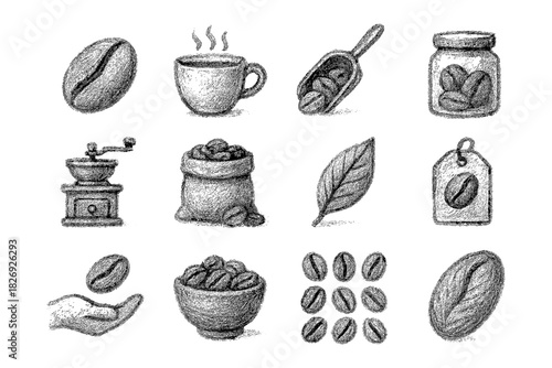 Hand drawn coffee elements collection featuring beans, cups, and grinders