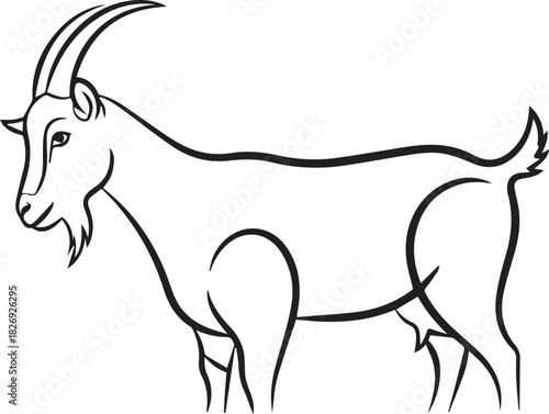 Simple line drawing of a majestic goat with large horns standing alert