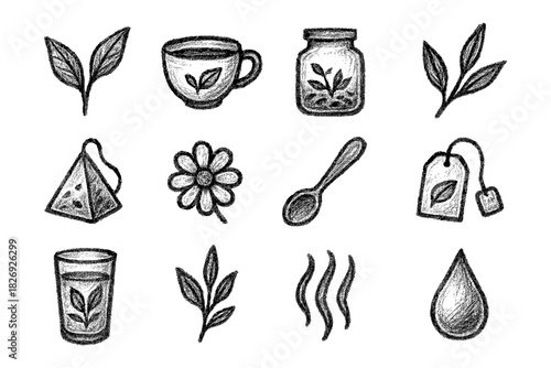 Chalk style tea elements with leaves, cups, and accessories for kitchen decor