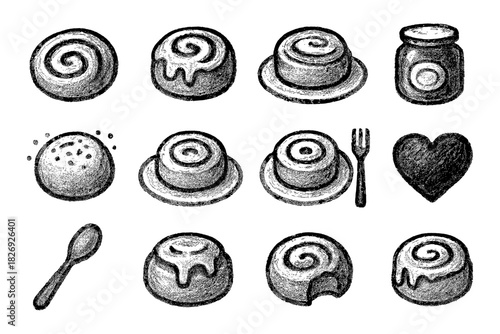 Hand drawn pastries collection featuring cinnamon rolls and bakery items