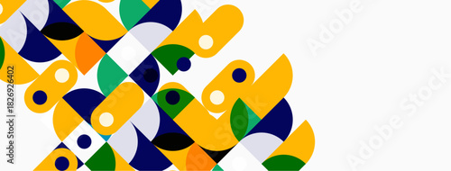 Abstract geometric shapes, vibrant colors, modern design. Yellow, green, orange, navy dominate composition. Clean lines, playful pattern.