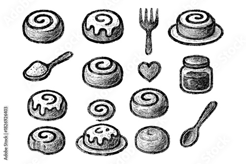 Hand drawn cinnamon roll collection with baking tools and ingredients