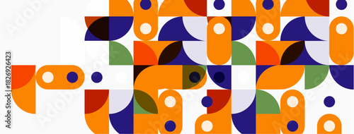 Abstract geometric pattern. Circles, squares, rectangles create colorful composition. Modern design, flat vector illustration.