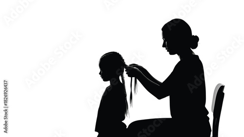 Mother braiding daughter's long hair in profile silhouette, intimate moment of care and bonding, simple black and white vector art, isolated on white background