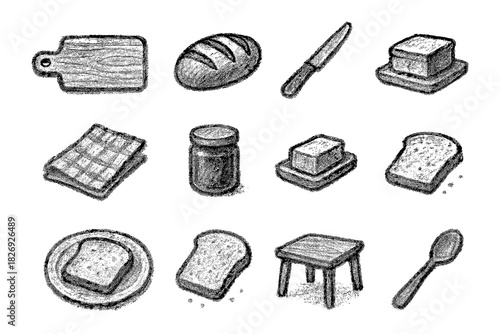 Hand drawn bakery and breakfast icons set in chalk style