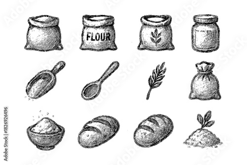 Chalk style bakery icons: flour sacks, bread, and baking tools collection