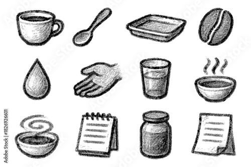 Sketch style coffee icons collection featuring cups, beans, and related items