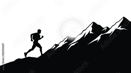 Silhouette of athletic man trail running uphill on rugged mountain terrain against rising sun, extreme sports vector art, minimalist logo design, isolated on white background