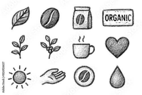 Rustic coffee and organic symbol set in hand drawn chalk style