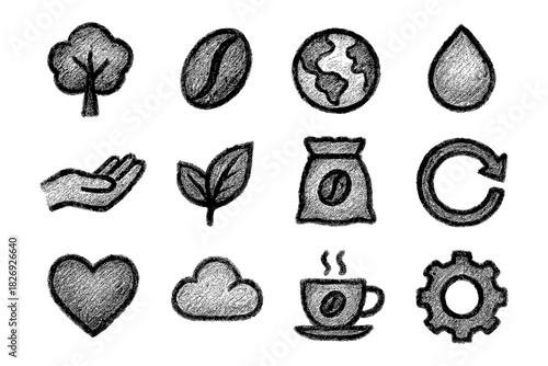 Chalk sketch eco icons: coffee, nature, and sustainability symbols