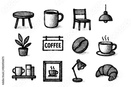 Chalk style coffee shop essentials collection: furniture, drinks, and decor