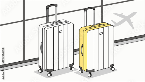 Suitcases near airport terminal window, airplane taking off, representing vacation, journey, and travel adventure, vector design.