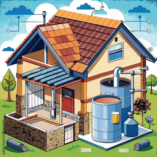 Illustrated house with water tanks, cutaway view, blue sky, green