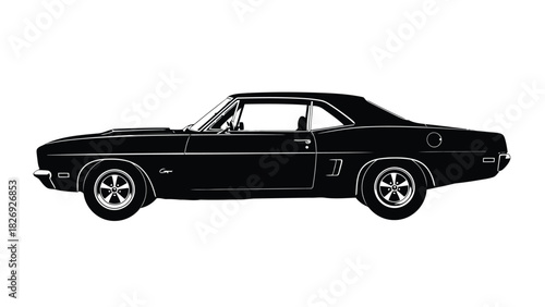 Silhouette side view of classic American muscle car, vintage coupe with stylized wheels and hood scoop, clean vector art, logo design, isolated on white background