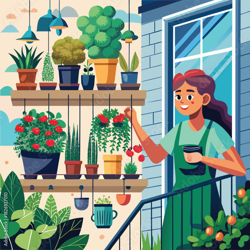 Woman on balcony tending plants, enjoying coffee and gardening. woman
