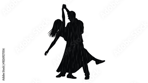 Passionate couple silhouette dancing tango or salsa in dramatic pose with rain texture overlay, romantic vector art design, isolated on white background
