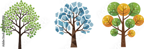 Abstract seasonal trees illustration, spring summer autumn winter concept, colorful foliage design, vector nature artwork, stylized tree graphic, decorative background