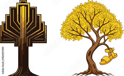 Abstract tree design, geometric art, natural tree illustration, sandal swing, whimsical concept, contrast style, yellow leaves, creative nature, dual tree artwork