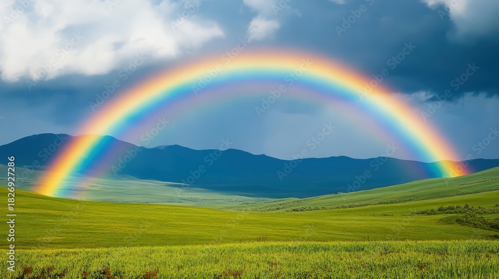 Obraz premium Vibrant Rainbow Arching Over Green Rolling Landscape