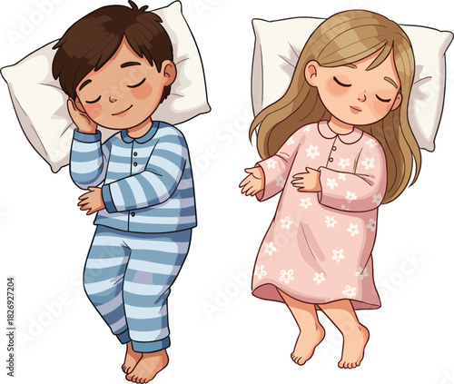 Adorable children sleeping peacefully, boy and girl in pajamas, cute bedtime illustration, cozy night rest, sweet childhood dreams, vector cartoon artwork