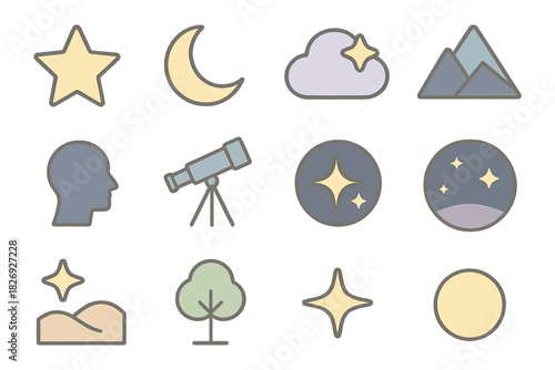 Minimalist space and nature icons with pastel colors for creative design