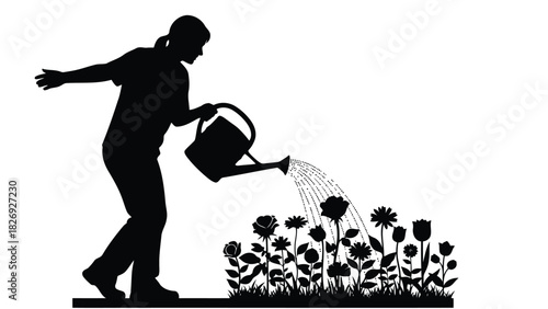 Silhouette of Gardener Woman Watering Vibrant Flower Bed with Watering Can, Simple Flat Vector Art for Spring and Gardening Concepts, isolated on white background