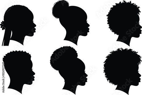African American women silhouette, natural hair styles profile, black woman hairstyles, afro, braids, buns, short hair, curly hair, beauty, diverse hair textures, modern hairstyle vector art.
