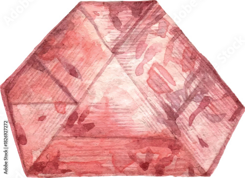 Red faceted crystal with watercolor texture illustration