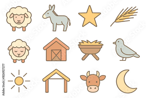 Farm animal and barnyard icons in pastel colors