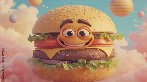 A large animated burger with a smiling face floats in a bright sky filled with fluffy clouds and colorful planets. The burger is stacked with fresh vegetables and cheese.