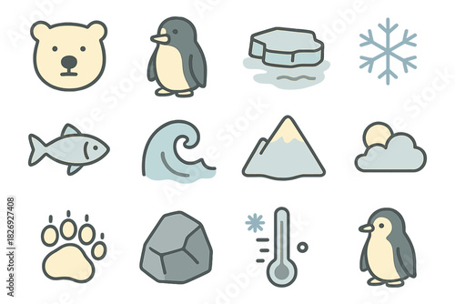 Winter-themed animal icon set with polar and antarctic symbols in soft pastel colors