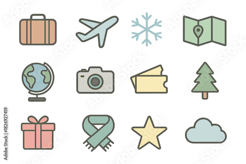 Travel and holiday icons set in pastel outline style for winter adventures