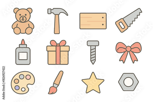 Colorful crafting and diy tools icon set for creative projects