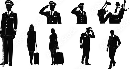 Airline pilots, flight attendants, aviation crew, cabin staff, professional uniform, pilot salute, airport travel, flight deck, air transport icons