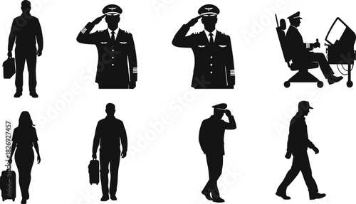 Airline pilots, flight crew, aviation staff, cockpit control, airport workers, travel passengers, professional uniform, airplane captain