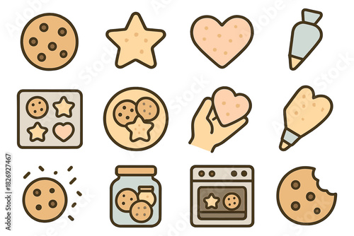 Cute cookie baking icons set with hearts, stars, and kitchen tools