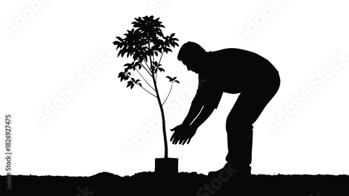 Silhouette of Gardener Man Planting Small Sapling Tree into Ground, Environmental Conservation Concept, Simple Black Vector Art, isolated on white background
