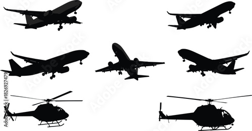 Airplane and helicopter silhouettes, black flying aircraft vector, aviation icons set, transport design, flight silhouettes, aviation industry graphics, travel symbols