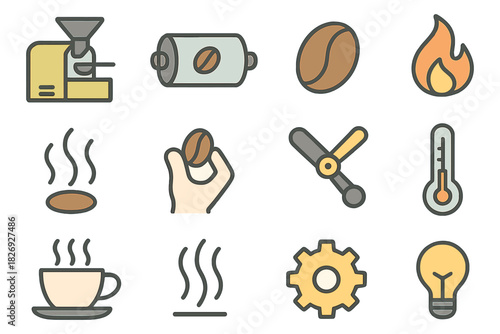 Coffee icons collection: brewing equipment and aromatic elements