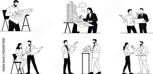 Architects collaborating, blueprint discussion, building model planning, design teamwork, project consultation, urban architecture, construction planning, creative solutions