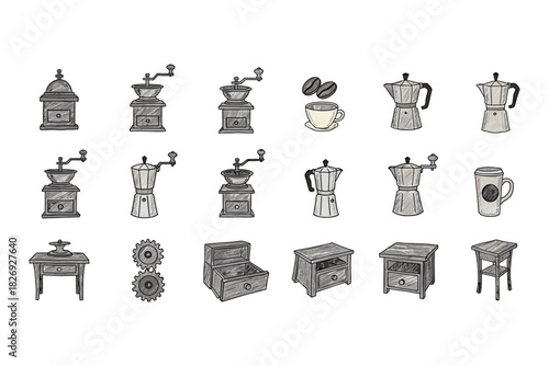 Vintage coffee collection: hand-drawn coffee grinders, moka pots, and accessories