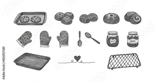 Hand-drawn bakery elements with cookies, gloves, jars, and trays