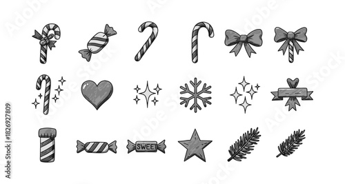 Monochrome holiday candy and decorations set with christmas icons