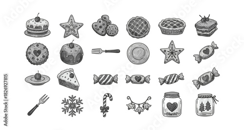 Monochrome holiday treats and decorations collection in hand-drawn style