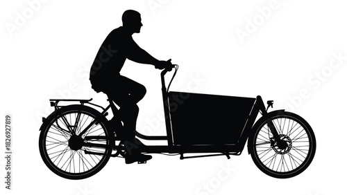 Silhouette of man riding a long john cargo bicycle with large front box for delivery or family transport, clean vector art, isolated on white background