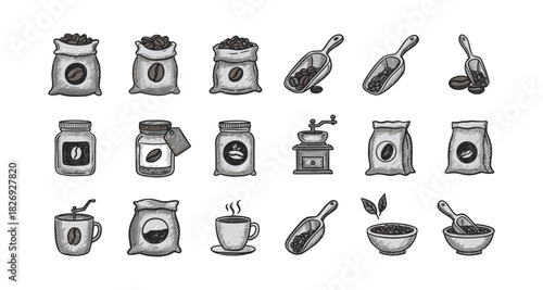 Hand-drawn coffee elements collection: bags, scoops, jars, grinder, cups, beans, leaves
