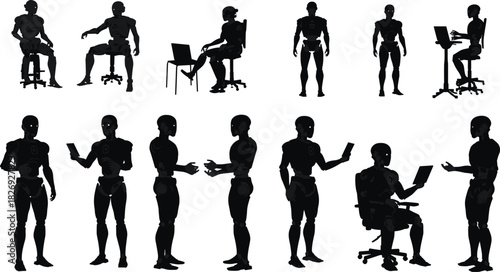 Artificial intelligence robot, humanoid silhouette, futuristic technology, AI working with laptop, mobile device, modern machine illustration, digital automation concept vector