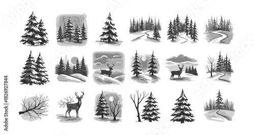 Monochrome winter landscapes with evergreen trees and deer silhouettes