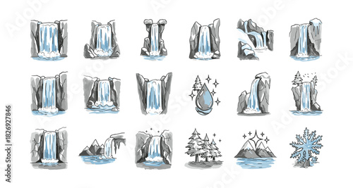 Monochrome waterfalls and nature icons collection with trees and mountains
