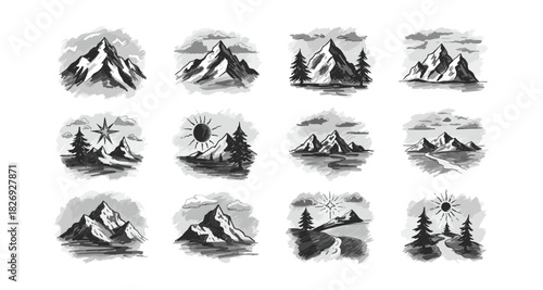 Monochrome hand-drawn mountain and forest landscapes with sun and clouds